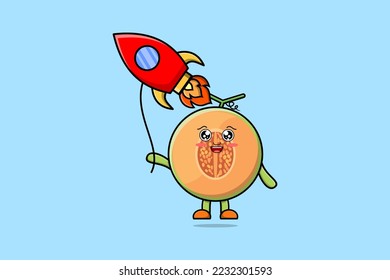 Cute cartoon Melon floating with rocket balloon cartoon vector illustration