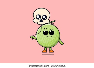 Cute cartoon Melon floating with skull balloon in flat cartoon vector icon illustration