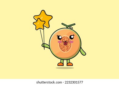 Cute cartoon Melon floating with star balloon cartoon vector illustration