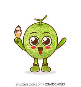 Cute Cartoon melon fruit character holding ice cream cone