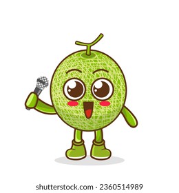 Cute cartoon melon fruit singer character holding mic