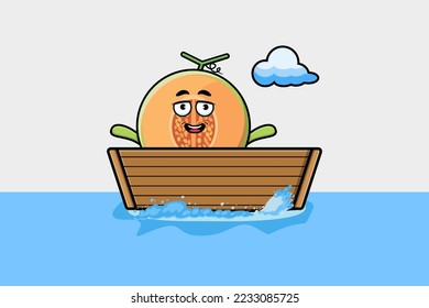 cute cartoon Melon get on boat in vector character illustration