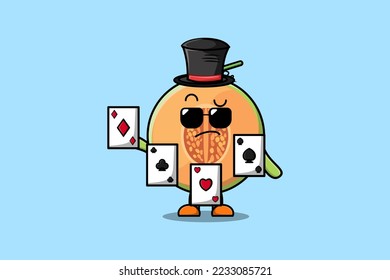 Cute cartoon Melon magician character playing magic cards in flat cartoon style illustration
