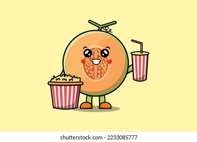 Cute cartoon Melon with popcorn and drink ready to watching film in cinema