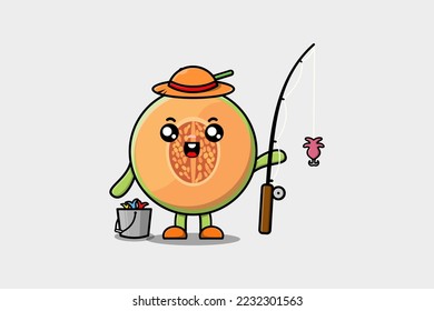 Cute cartoon Melon ready fishing character illustration wearing fishing equipment