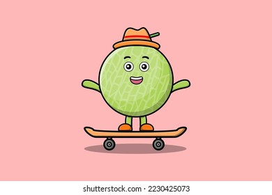 cute cartoon Melon standing on skateboard with cartoon vector illustration style