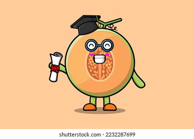Cute cartoon Melon student character on graduation day with toga in concept flat cartoon style
