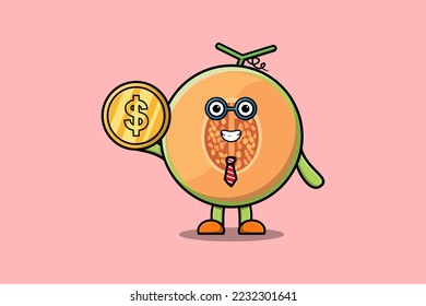Cute cartoon Melon successful businessman holding gold coin illustration