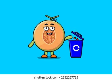 Cute cartoon Melon throwing trash in the trash in flat modern style design illustration
