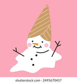 Cute cartoon melting ice cream snowman in waffle cone.  Hand drawn Christmas vector illustration. Funny xmas background, poster, card, social media banner.