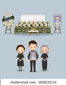 cute cartoon of a member of an Asian Family in a Funeral ceremony