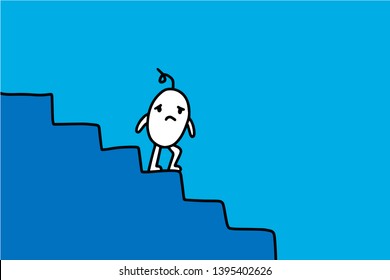 Cute cartoon men going down stairs hand drawn illustration. Vector minimalism. Blue font. Regress decline