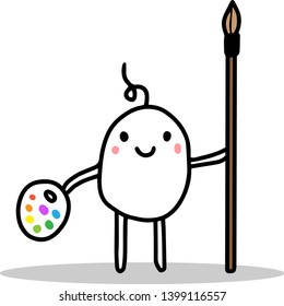 Cute cartoon men holding big brush and paints. Hand drawn vector illustration. Minimalism