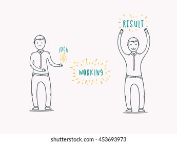 Cute cartoon men showing the process of idea realisation