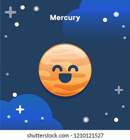 Cute cartoon Mercury planet with funny face. Vector graphic