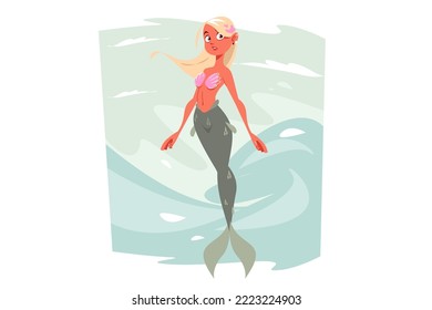 Cute cartoon mermaid with blonde hair and green tail vector illustration. Fictitious or mythical half-human sea creature flat concept