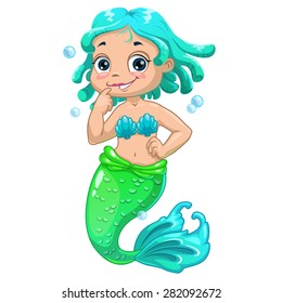 Cute cartoon mermaid blue hair, vector isolated illustration