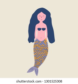 Cute cartoon mermaid with bluehair. Vector illustration in flat syle