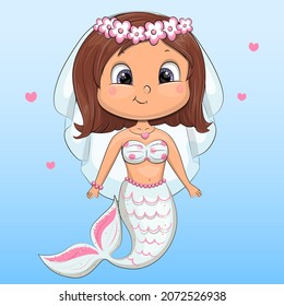 Cute cartoon mermaid bride in white swims in the water. Vector illustration on a blue background.