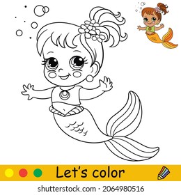 Cute cartoon mermaid with bubbles. Coloring page and colorful template for preschool and school kids education. Vector illustration. For design, t shirt print, icon, logo, label, patch or sticker.