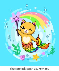 Cute cartoon mermaid cat with magic wand, seashells and bubbles. Vector illustration