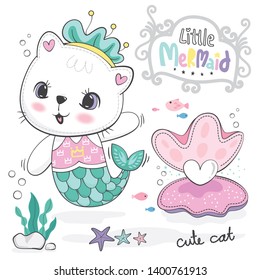 Cute cartoon mermaid cat with pearl shape heart in an oyster shell in the sea on white background illustration vector.