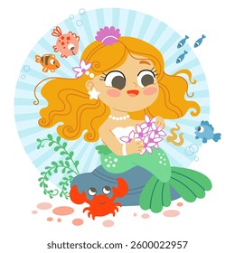 Cute cartoon mermaid character. Under the sea card. Simple and cute illustration isolated on a white background. Vector illustration. For cards, print, design, stickers, fabric and invitation