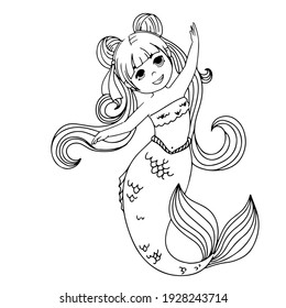 Cute cartoon mermaid. Coloring book. The little Mermaid. A magical creature. Vector illustration isolated on white background.