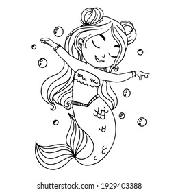 Cute cartoon mermaid. Coloring book. The little Mermaid. A magical creature. Vector illustration isolated on white background.