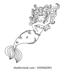 Cute cartoon mermaid. Coloring book. The little Mermaid. A magical creature. Vector illustration isolated on white background.