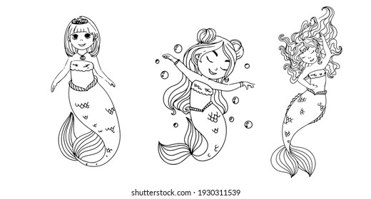 Cute cartoon mermaid. Coloring book. The little Mermaid. A magical creature. Vector illustration isolated on white background.