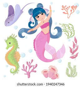 Cute cartoon mermaid with dark hair and Pink tail. Marine animals and algae. A magical creature. Vector illustration isolated on white background.