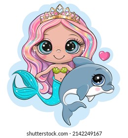 Cute cartoon mermaid with dolphin on a blue background