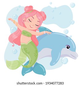 Cute cartoon mermaid with dolphins. Little Mermaid with Pink Hair and Green Tail. Blue Dolphin. A magical creature. Vector illustration isolated on white background.