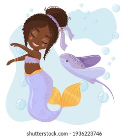 Cute cartoon mermaid with electric stingray. Mermaid with Dark Hair and Purple Tail. A magical creature. Vector illustration isolated on white background.