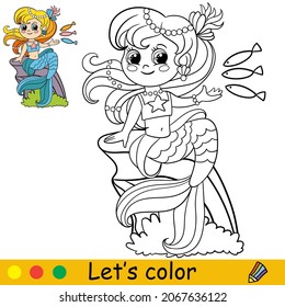 Cute cartoon mermaid feeds fishes. Coloring page and colorful template for preschool and school kids education. Vector illustration. For design, t shirt print, icon, logo, label, patch or sticker.