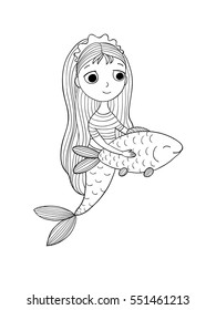 Cute cartoon mermaid and fish. Siren. Sea theme. Hand drawing isolated objects on white background. Vector illustration. Coloring book
