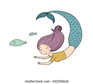 Cute cartoon mermaid and fish. Siren. Sea theme. isolated objects on white background. Vector illustration.