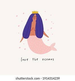 Cute cartoon mermaid in flat style. Vector illustration with Mermaid