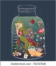 Cute cartoon mermaid with flower wreath and fish