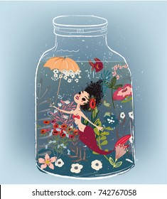 Cute cartoon mermaid with flower wreath and umbrella