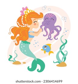 Cute cartoon mermaid and funny octopus. Vector cartoon illustration in flat style isolated on a white background. For print, design, poster, sticker, card, decoration and t shirt design