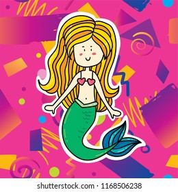 Cute cartoon mermaid girl illustration print design with bright pink hipster trendy gradient background. Sticker patch badge illustration
