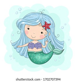 Cute Cartoon mermaid. Good for greeting cards, invitations, decoration, Print for Baby Shower, etc Hand drawn vector illustration with little mermaid cute print