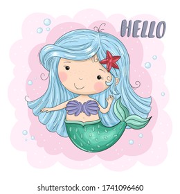 Cute Cartoon mermaid. Good for greeting cards, invitations, decoration, Print for Baby Shower, etc Hand drawn vector illustration with little mermaid cute print