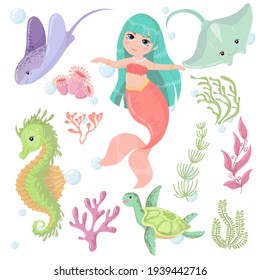 Cute cartoon mermaid with Green Hair and Pink tail. Marine animals and algae. A magical creature. Vector illustration isolated on white background.