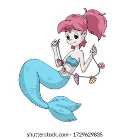 Cute cartoon mermaid holding a rope with seashell beads. Decor element for kids products (room, clothes, stationery, swimming pool). Sea theme. Isolated object on white background. 