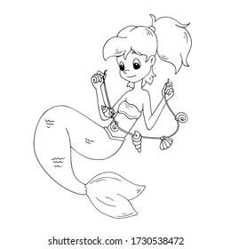 Cute cartoon mermaid holding a rope with seashell beads. White and black vector illustration for coloring book.