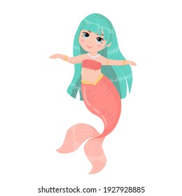 Cute cartoon mermaid. Little Mermaid with Blue Hair and a pink tail. A magical creature. Vector illustration isolated on white background.