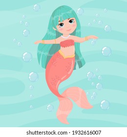 Cute cartoon mermaid. Little Mermaid with Blue Hair and a pink tail. A magical creature. Vector illustration isolated on white background.